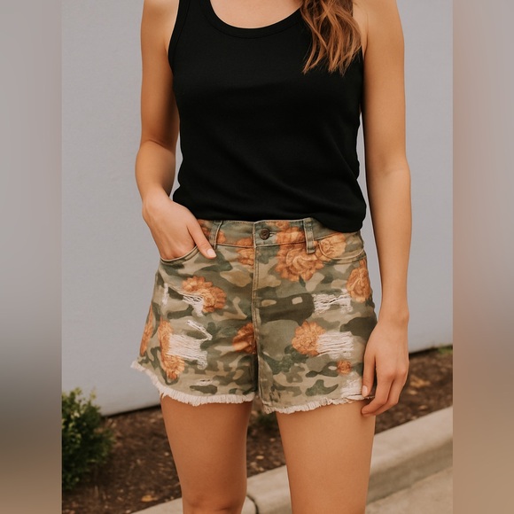 One 5 One | Camo Floral Cut Off Distressed Denim Shorts - Picture 1 of 11